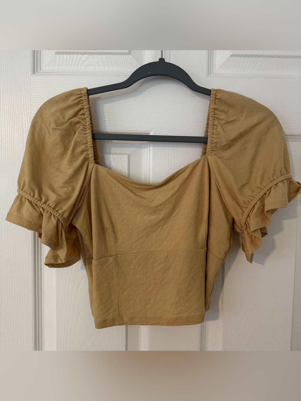 Square Neck Puff Sleeve Crop Top in Tan